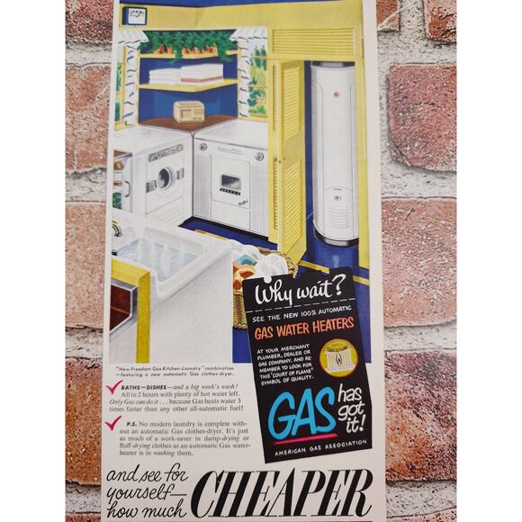 1950 Gas Water Heaters for Kitchen Laundry Bath Cheaper‎ Faster Vtg Print Ad - Picture 1 of 6